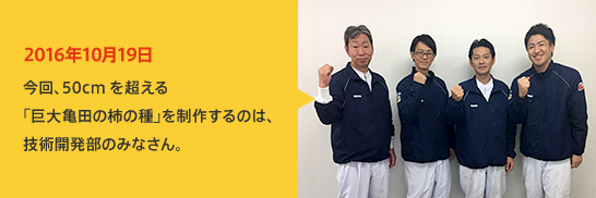 2016年10月19日 今回、50cmを超える「巨大亀田の柿の種」を制作するのは、技術開発部のみなさん。 