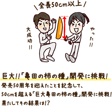 50周年を迎え、「亀田の柿の種」ならではカリッと食感のおいしさを伝えるため、「いつでもカリッと！」という新しいキャッチコピーが誕生しました。また、10の1が柿の種、0がピーナッツに見えることから10月10日を「亀田の柿の種の日」と制定致しました。