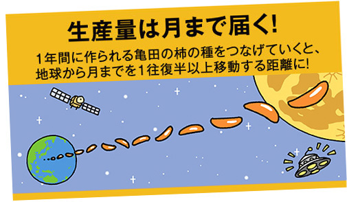 生産量は月まで届く!1年間に作られる亀田の柿の種をつなげていくと、地球から月までを1往復半以上移動する距離に!